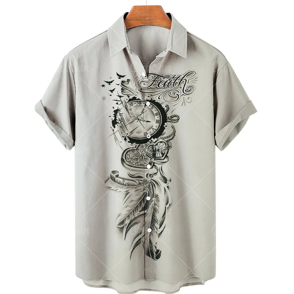 2023 Retro Shirt Clock Shirt Hawaiian Shirt Summer Casual Shirt Large Size Short Sleeve Shirt Pocket Watch Shirt Shirt for Men