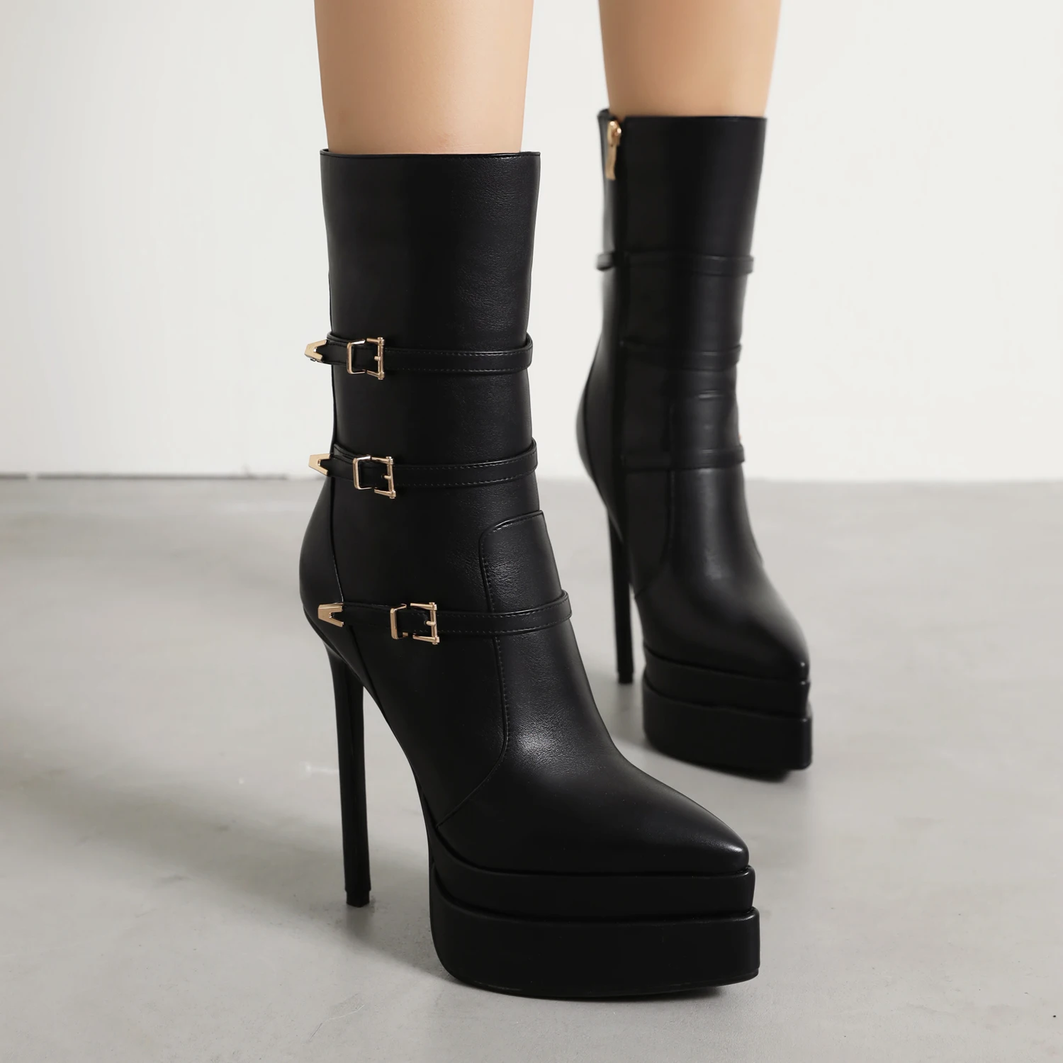 Sexy Super Thin High Heels Boots for Women 2022 Autumn Platform Ankle Boots Pointed Toe Nightclub Stiletto Buckles Shoes