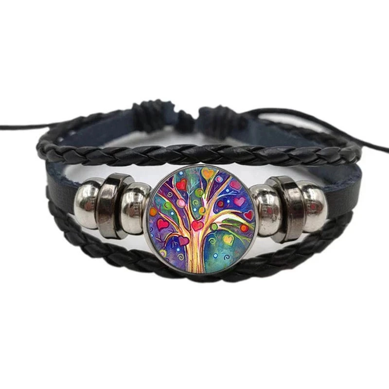 

Life Tree Glass Cabochon Statement Leather Bracelet Jewelry Vintage Black Women'S Bracelet
