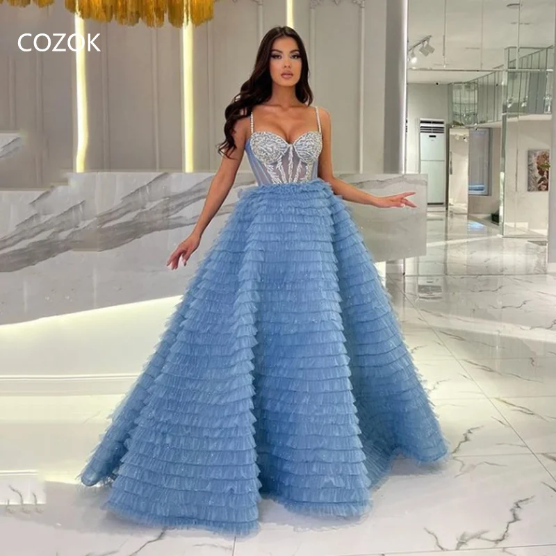 

COZOK Ruched Prom Dress Beading A Line Spaghetti Strap Tiered Ruffles Evening Party Gowns Sweetheart Neck Evening Dresses 2023