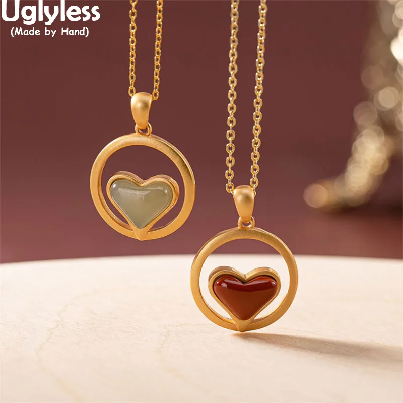 

Uglyless LOVE Express Heart-shape Jade Agate Jewelry Sets for Women Hollow Studs Earrings Pendants Necklaces NO Chain 925 Silver
