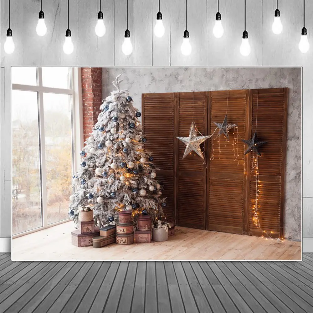 

Silver Christmas Tree Ornaments Decoration Photography Backdrop Big Window Wooden Parclose Stars Lights Boxes Photo Background