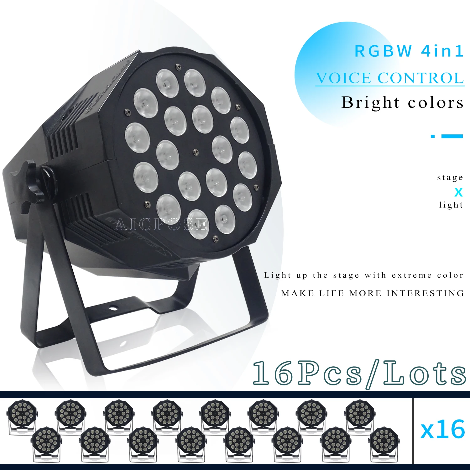 

16Pcs/Lots 18x12W full color RGBW 4 in 1 cast aluminum par light, series cable, suitable for party, stage performance, disco