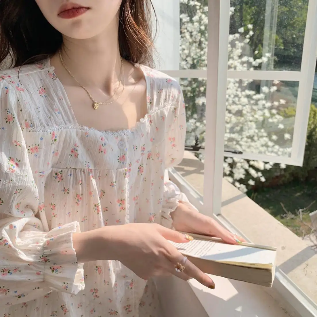 

Sweet Floral Print Autumn Home Suit Women Square Collar Blouse + Trousers Suit Cotton Korean Two Piece Pajamas Set Soft Pink