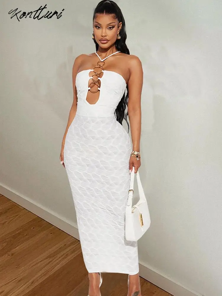 

Kontturi New In Fall Hollow Dresses For Women 2023 Halter Sleeveless Backless Dress Casual Outfits White Solid Maxi Dresses