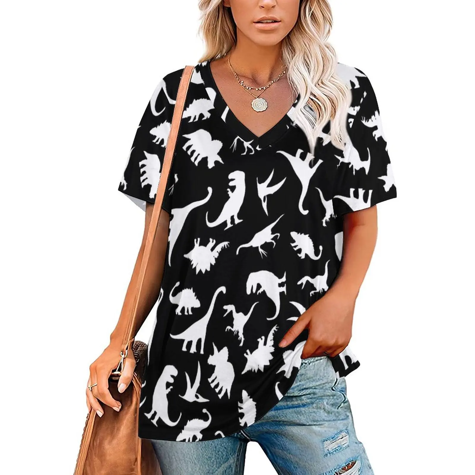 

Fun Dinosaur T-Shirt White And Black Kawaii Oversize T Shirts Short Sleeve V Neck Simple Tshirt Female Summer Custom Tops