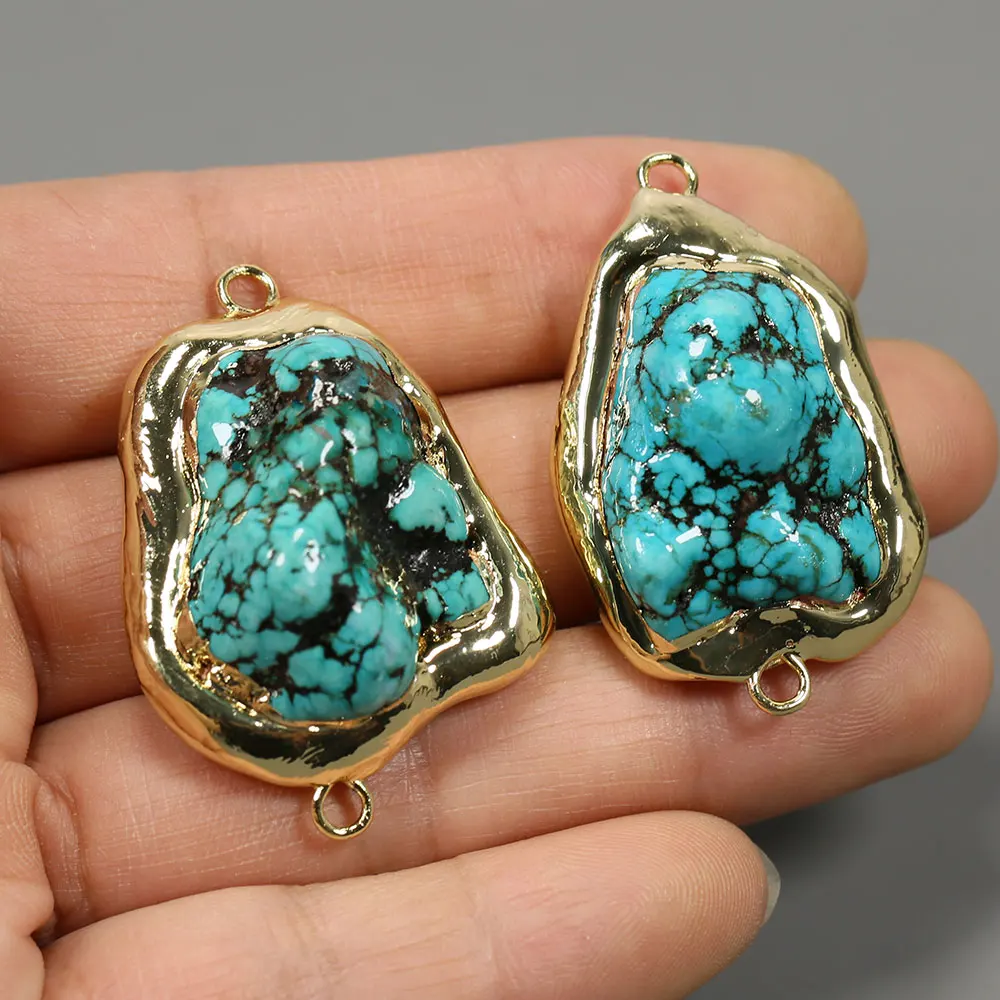 APDGG 5 Pcs Blue Turquoise Freeform Nugget Beads 14K Gold Plated Connector Real Stone For Jewelry Making DIY