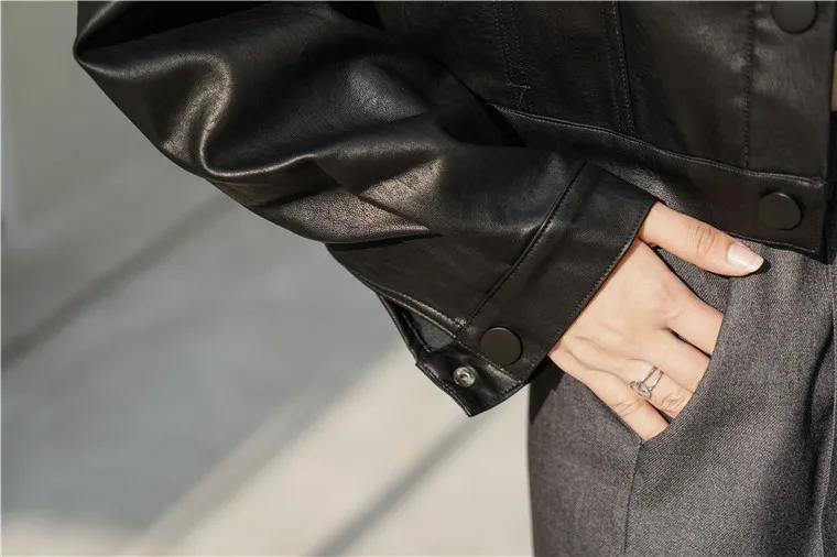 Autumn  Winter 2022 South Korea  Slim Single Breasted Suit PU Leather Short Coat Women Moto Jackets for Women Vintage Style