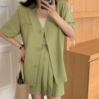 korean fashion womens summer pleated skirt suit sets clothing 2022 v neck blazers tops outfit set office ladys 2 pieces set