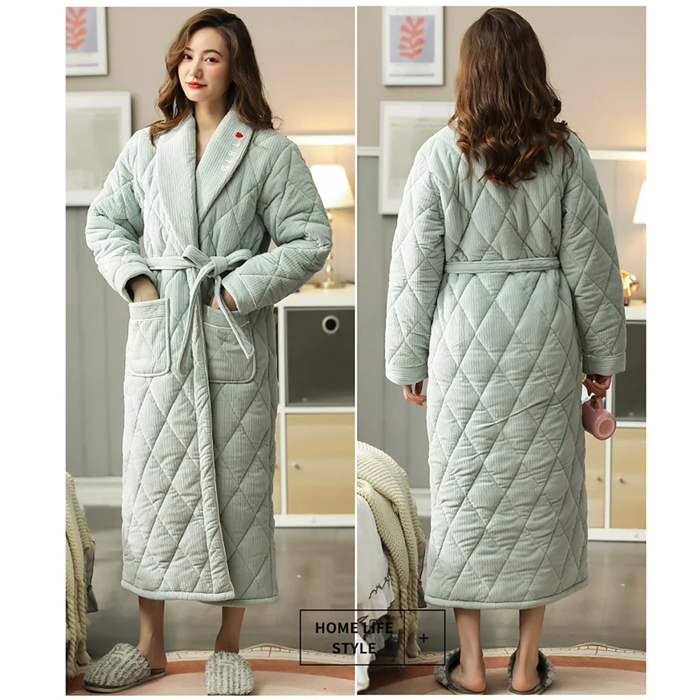 3-layer Thicken Flannel Robes for Women Warm Winter Woman Dressing Gown Strawberry Pockets Bathrobes Causual Sleeping Clothes