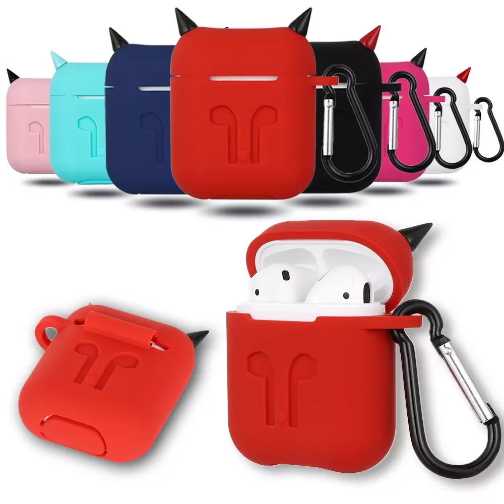 

1PC Soft Devil Horns Headphones Pouch with Hook Silicone Case Shockproof Thicken Earphone Protective Cover for Airpods Air Pods