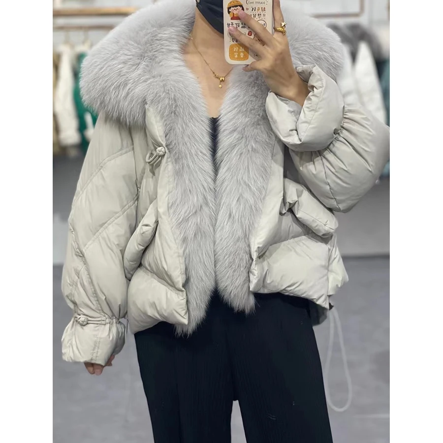 

Women Down Jacket Luxury Brand Natural Silver Fox Fur Collar Warm Winter Women's Fur Coat