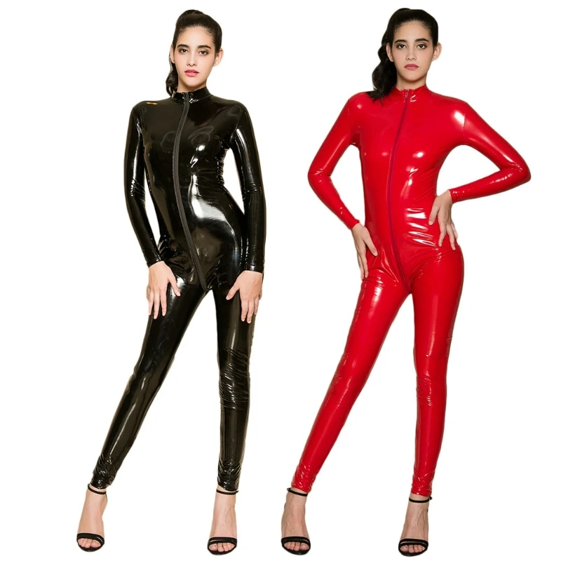 

85WB Women Sexy Faux Leather Full Bodysuit Long Sleeve Open Crotch Zipper Lingeire