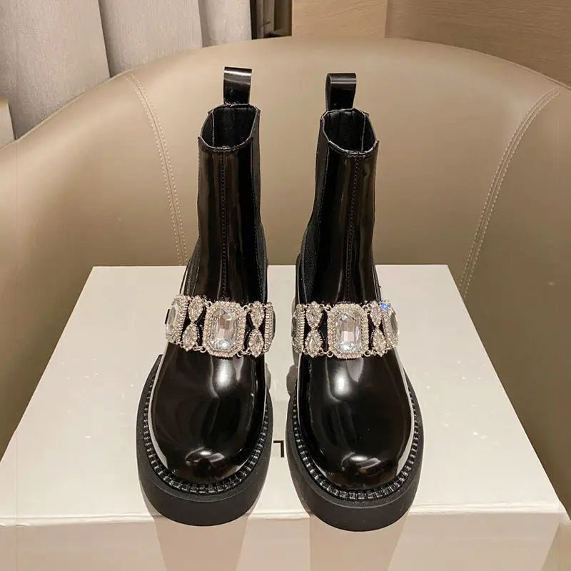 

Thick Heel Thick Bottom Women's 2022 Autumn and Winter New Mid-tube High-heel Patent Leather Rhinestone Ankle Boots