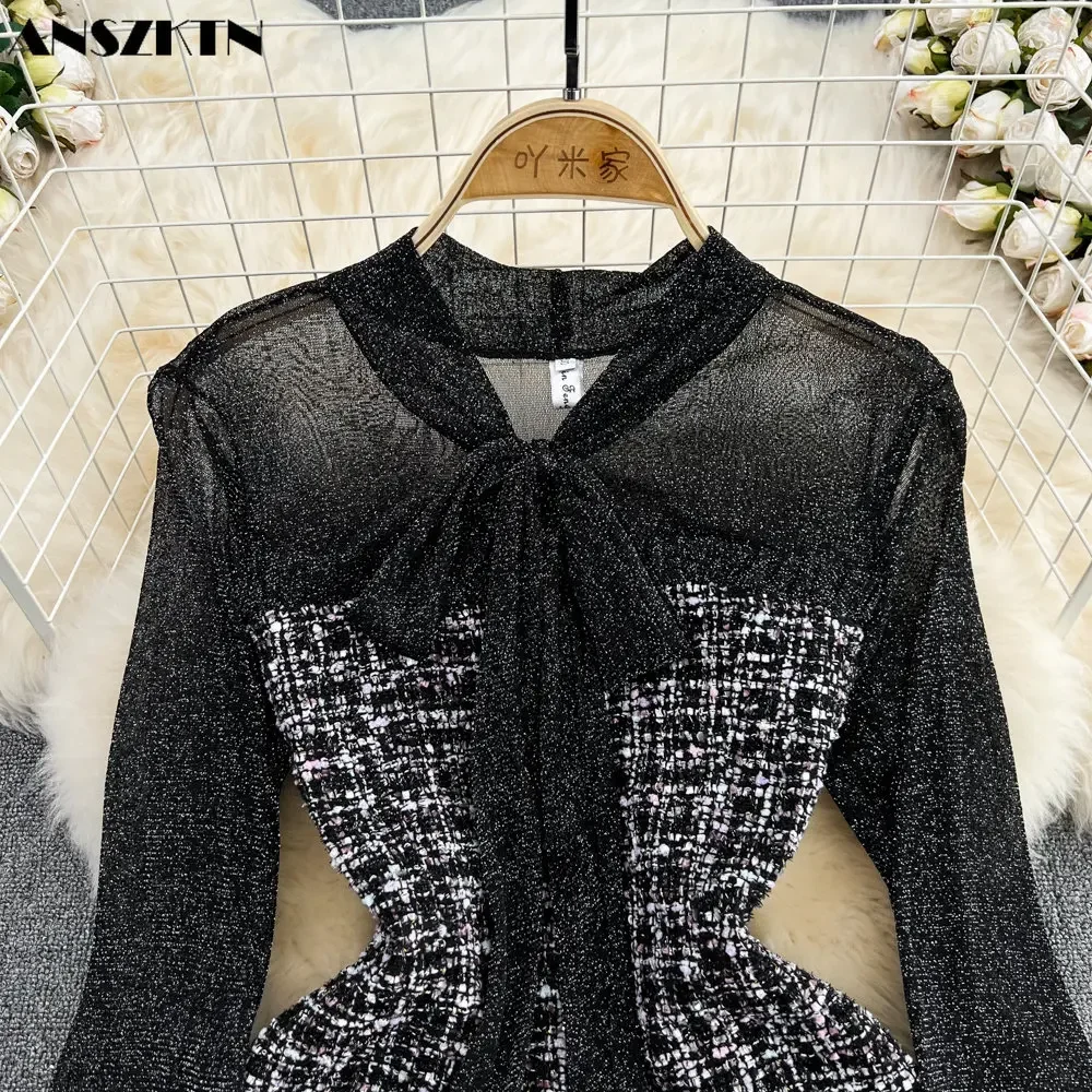 Осеннее твидовое решетчатое платье с маленьким ароматом и галстуком-бабочкой