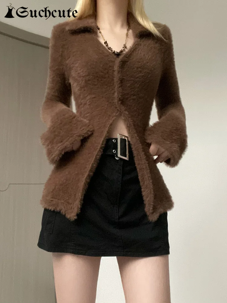 

Винтажный Однотонный свитер в стиле Харадзюку, кардиганы, женская уличная одежда, приталенный свитер на пуговицах с V-образным вырезом, повс...