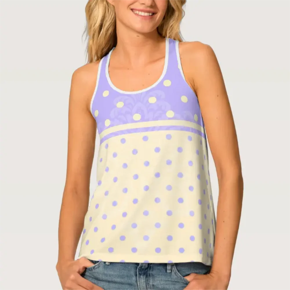 

Polka Dots And Polka Dots Lavender Yellow Printed Tank Top Casual Women Summer Cozy Vacation Ladies Sleeveless Shirt