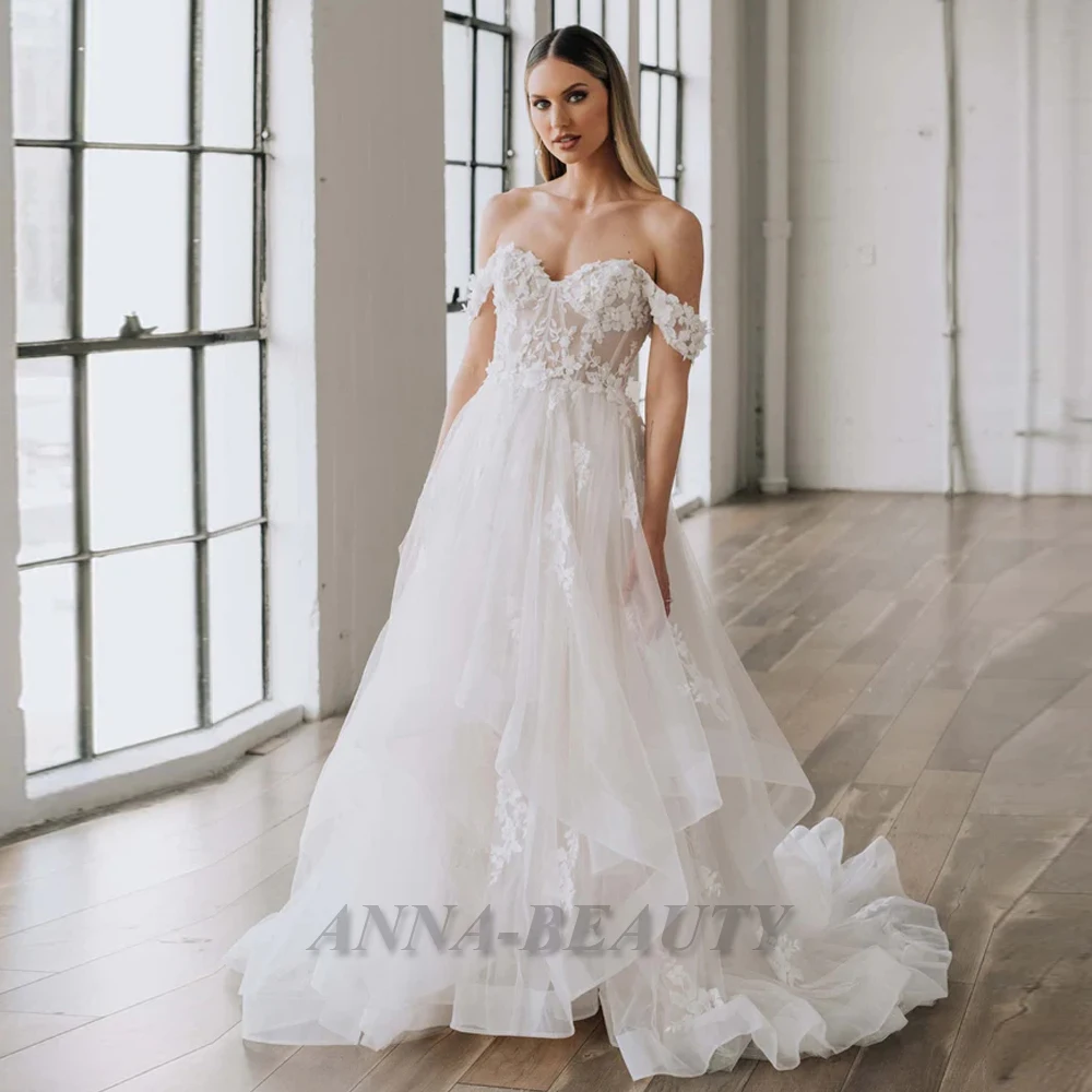 

Anna Trendy Charming A Line Wedding Gown for Bride Appliques Sweetheart Ruffles Off The Shoulder Lacing Up Vestidos De Novia