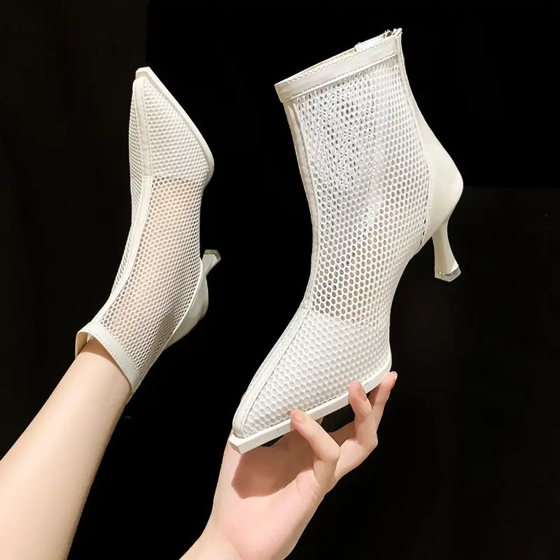 

2022 New Women Sandals Boots,High Heeled Mesh Summer Shoes,Fashion Sexy Pumps Pointed Toe Summer Boots Dropshipping