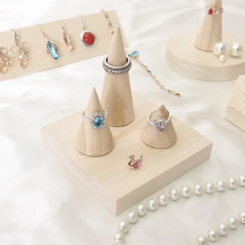 11Pcs Natural Wood Cone Ring Holders Unpainted Wooden Column Jewelry Display Holder for DIY Crafts Supplies Storage Rack