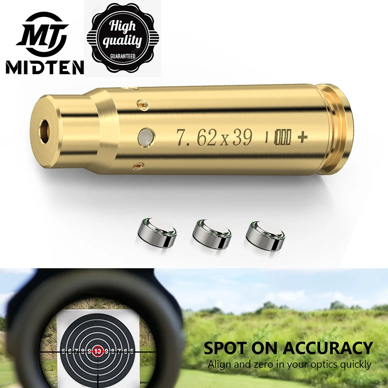MidTen Red Dot Laser Boresighter 7,62x39 мм Тактический коллиматорный латунный картридж с 3 батареями для охотничьего прицела для страйкбола