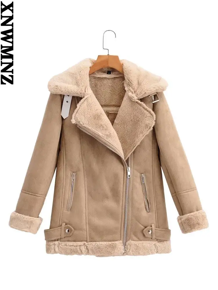 

XNWMNZ 2021 новая теплая Женская куртка из искусственной овчины ретро замша мех мотоциклетная куртка свободные женские куртки