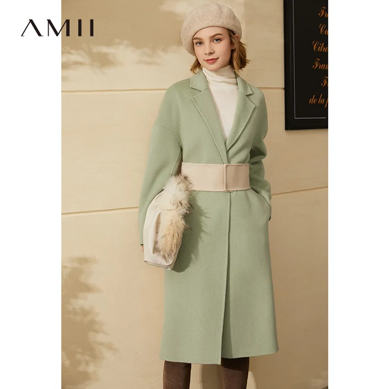 

Amii Minimalism Winter New Fashion 100%wool Women's Woolen Coat Causal Lapel Solid Belt Double-sided Woolen Coat 12070471