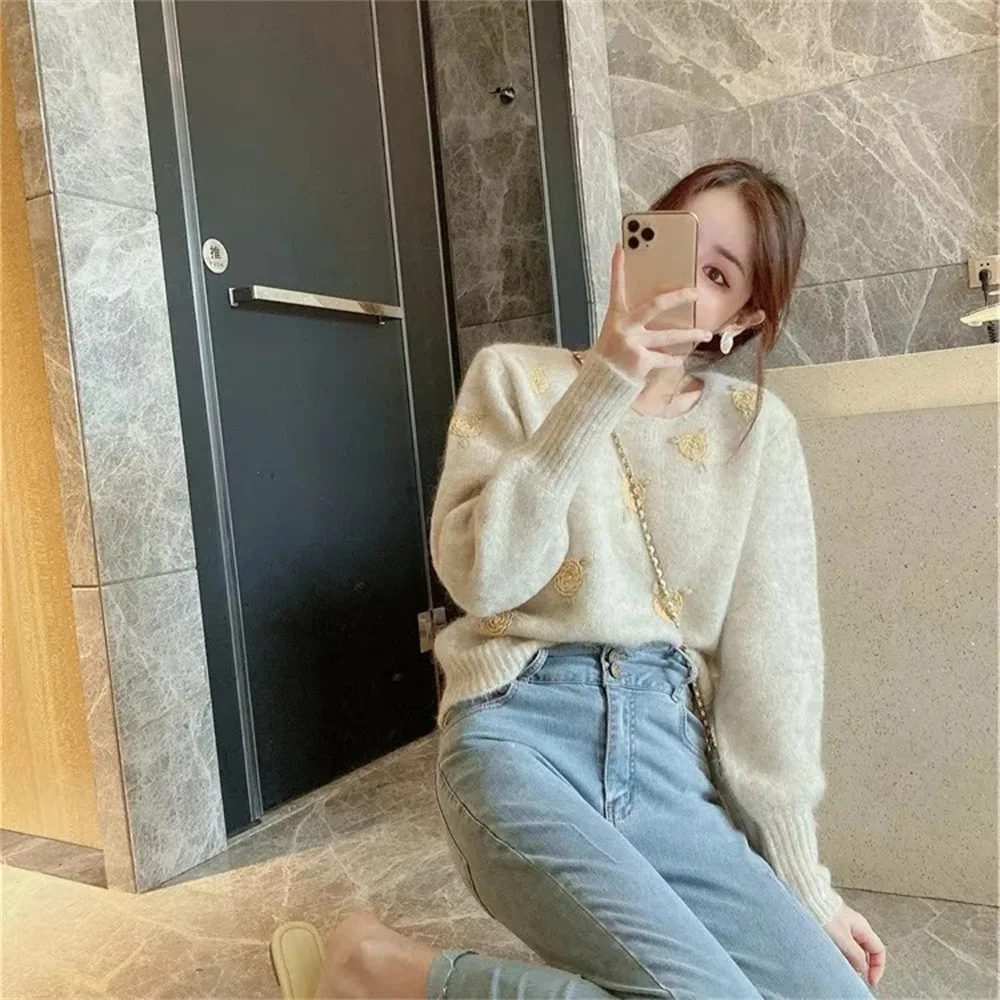 

Женский винтажный свитер с круглым вырезом, Свободный пуловер с длинным рукавом, элегантный офисный свитер в Корейском стиле, Осень-зима 2023