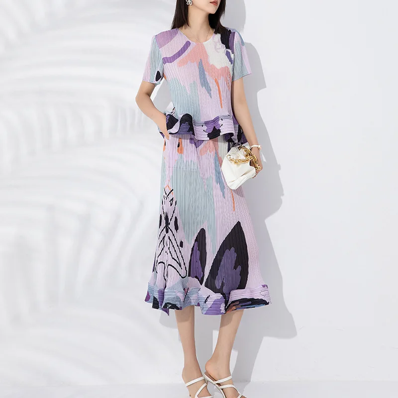 2023 summer new fashion casual suit female pleated printed top high waist skirt two-piece set
