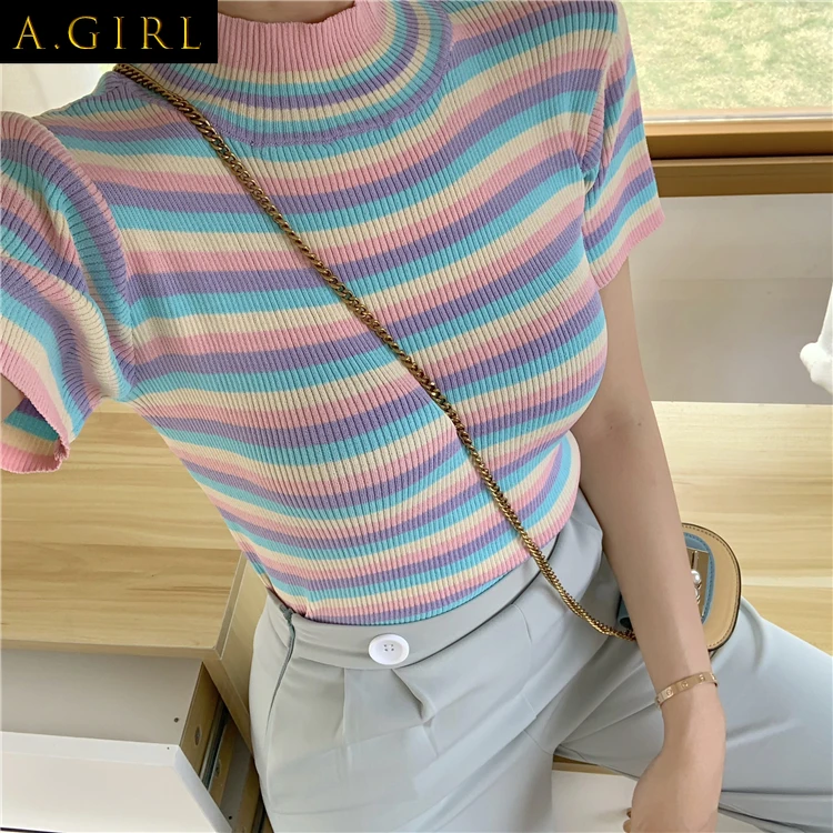 

A GIRLS New Arrival Summer Women T Shirt Korean Colorful Striped Crop Top Tee Harajuku Streetwear Stand Collar T Shirts 78190