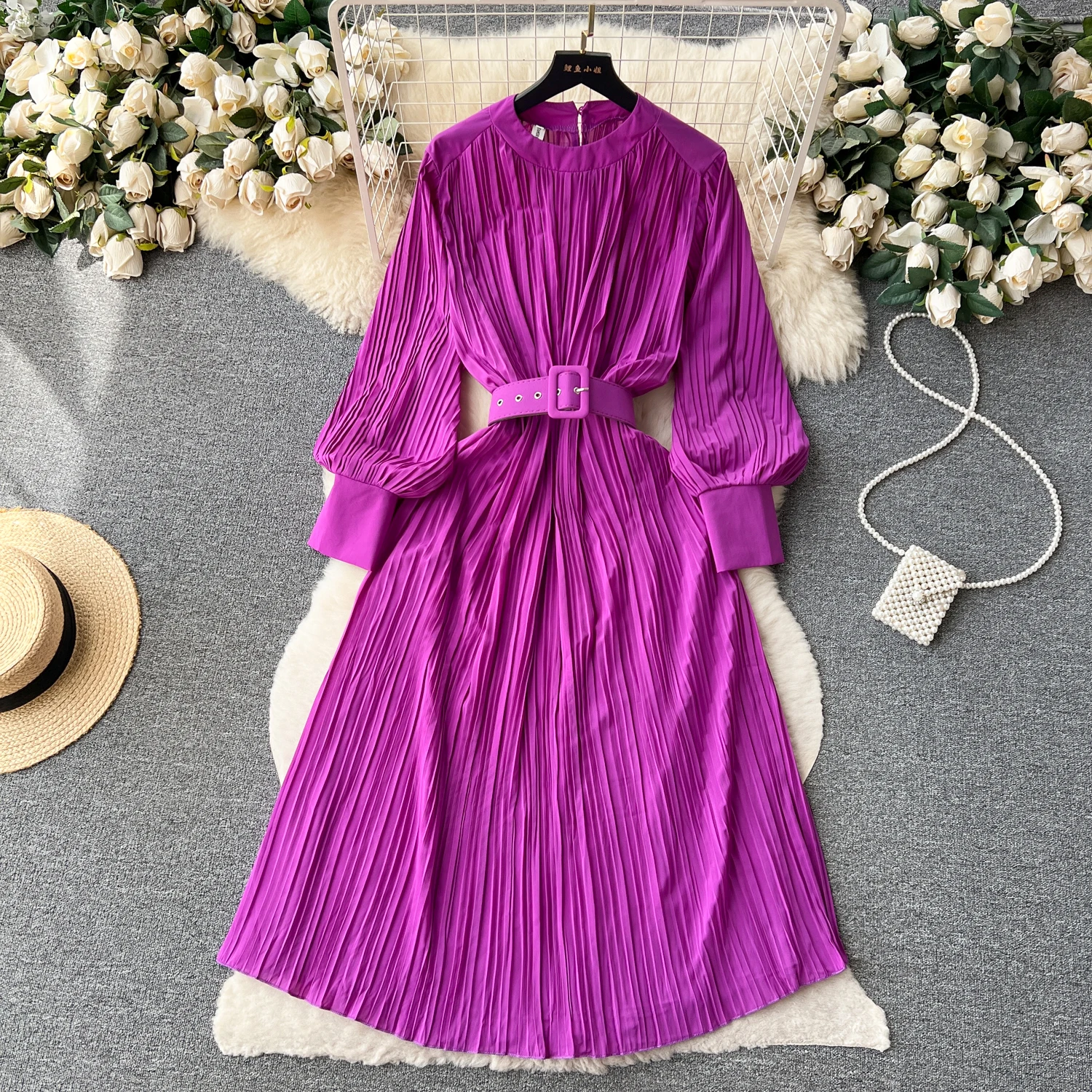 

Женское длинное платье в стиле Хепберн, эксклюзивное плиссированное платье с круглым вырезом и поясом, осень 2023