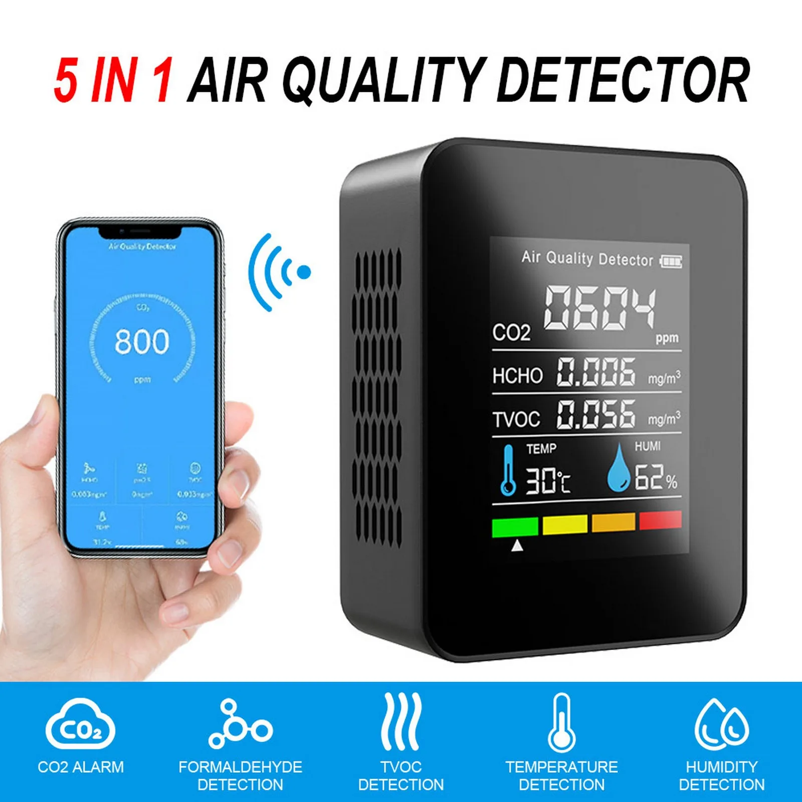 

Carbon Dioxide Detector 5in1 CO2 Smart Digital Meter Indoor Temperature Humidity Sensor Tester Air Quality Monitor HCHO Analyzer