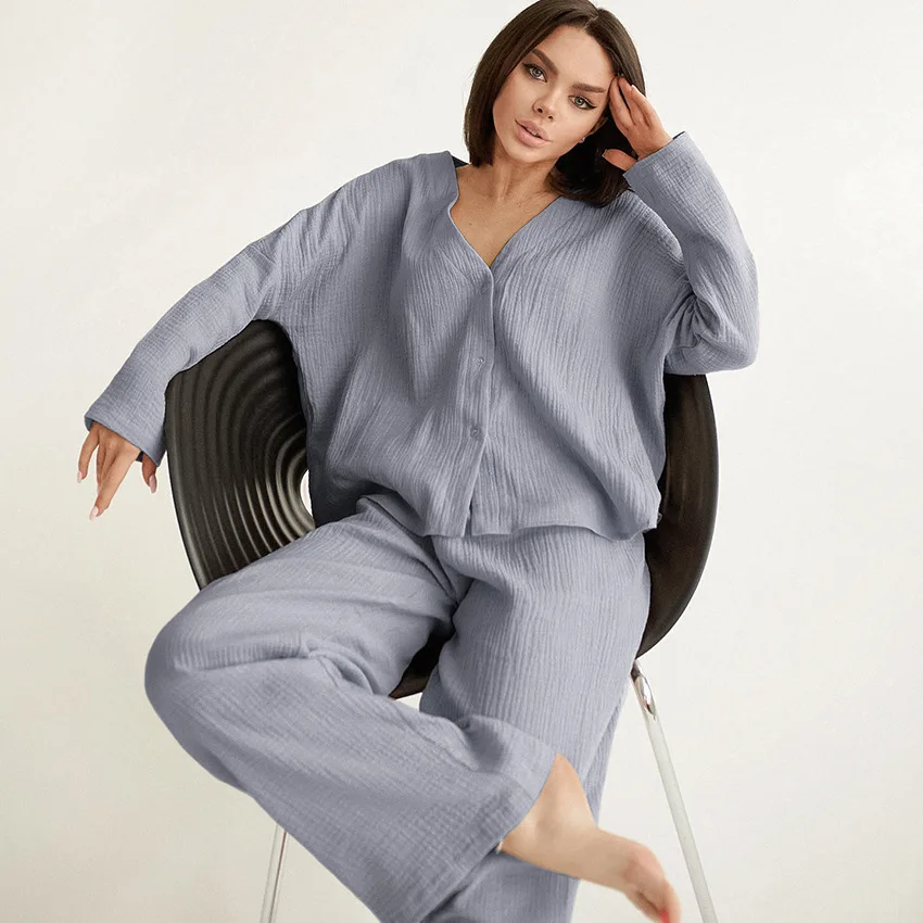 Spring and summer new style women's pajamas suit pure cotton crepe casual V-neck long sleeved trousers two-piece home clothes