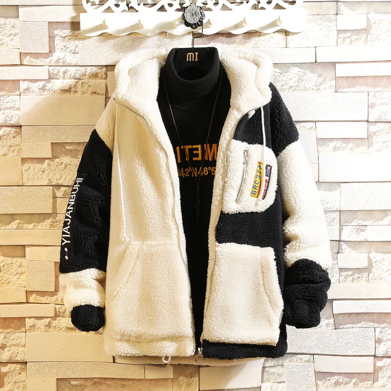 Label Colorblock Winter Jacket Men's Fashion Faux Lamb Wool Hooded Cotton Jacket Teen Loose Casual Plus Size Warm Jacket 5XL
