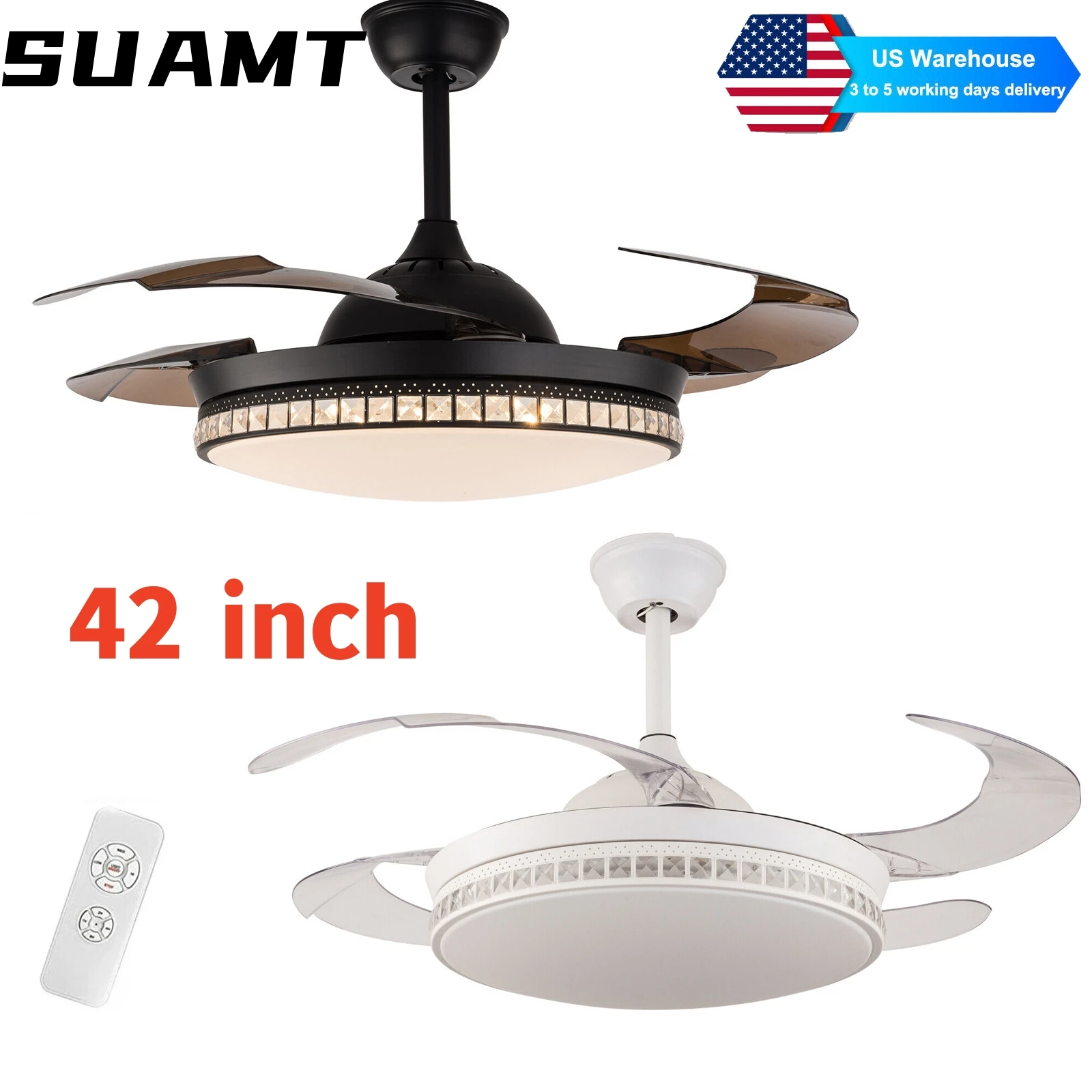 

42 inch Modern Ceiling Fan with LED Light and Remote Control 3 Colors 3 Speeds Fan Chandelier for Living Room LED Lighting