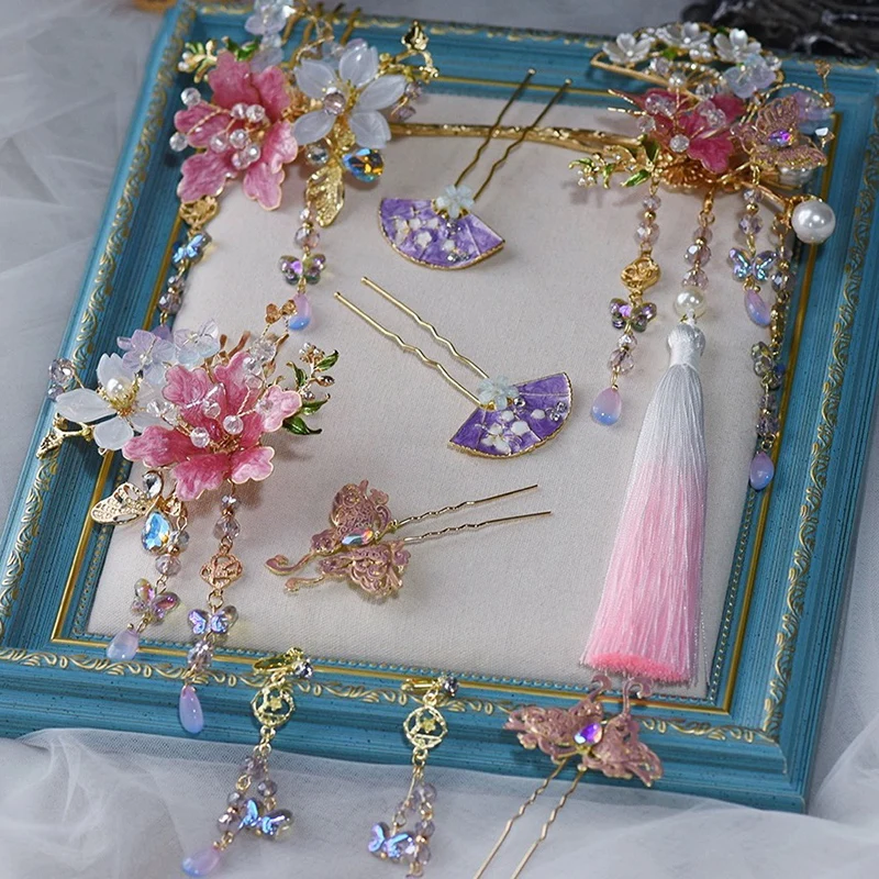 Набор аксессуаров для волос NiuShuya ручной работы цвет розовый/фиолетовый