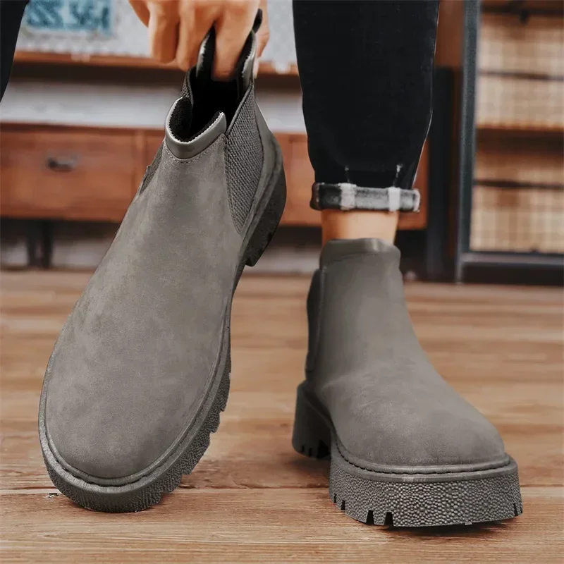 

Мужские ботинки челси с круглым носком, обувь на платформе и массивном каблуке, высокие уличные рабочие ботильоны, осень