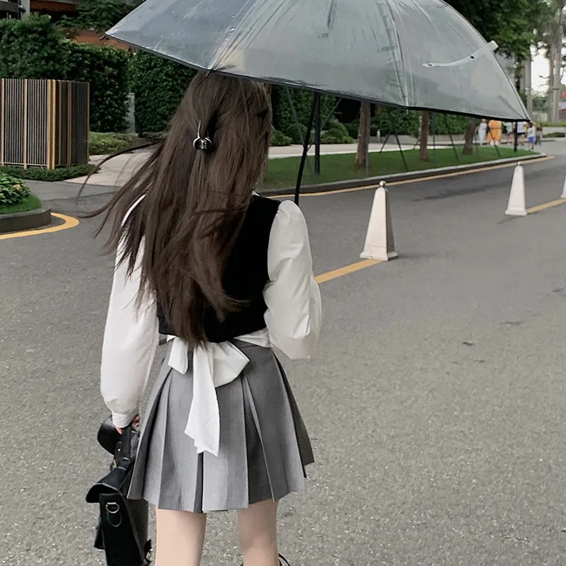 Sweet Japanese Girl Fashion 2 Piece Skirt Sets Long Sleeve Patchwork Shirt Top&ampHigh Waist Pleated Mini 2pc Dress Outfits |