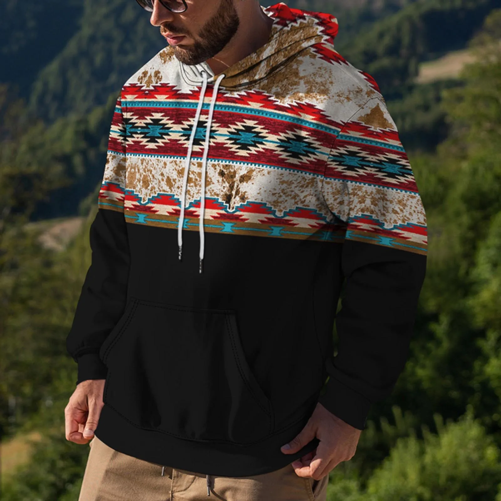 

Winter Hoodie Men Streetwear Western Ethnic Hoodies Coat Oversized Vintage Mens Clothing Long Sleeve Sweatshirt Fleece Thick Top