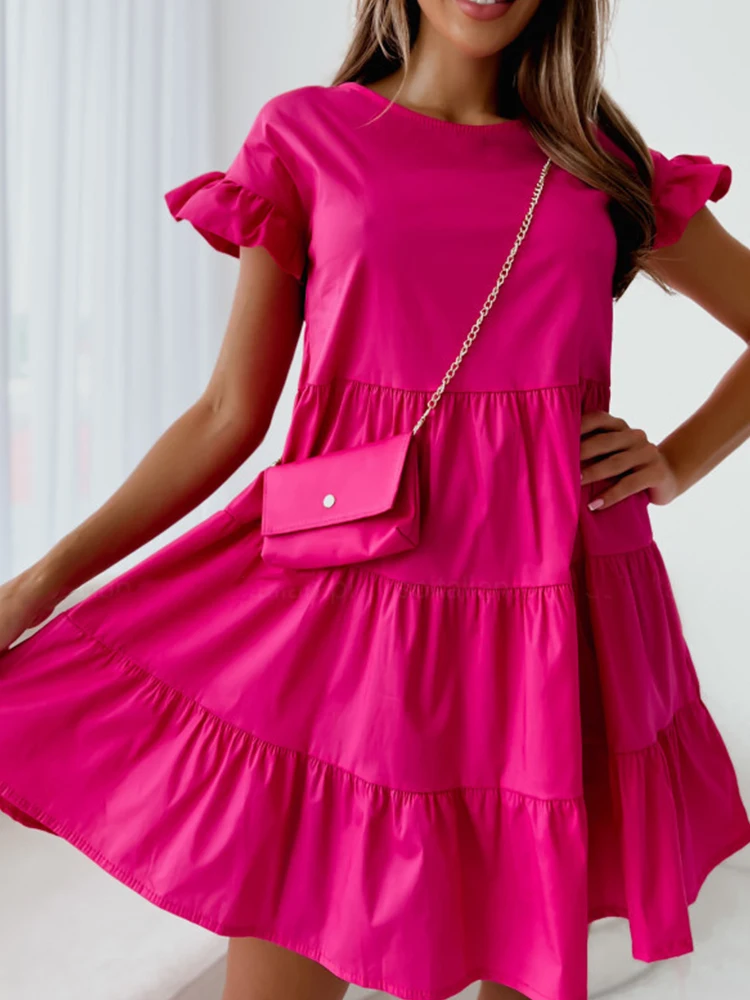 

Женское Повседневное платье с круглым вырезом и оборками, модное однотонное вечерние-платье на пуговицах с коротким рукавом, летнее элегантное Плиссированное свободное платье-трапеция