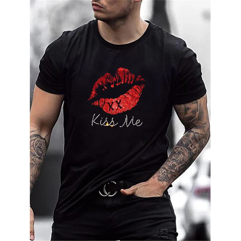 Mens Quality Fashion T-Shirts Casual Club Short Sleeve Red Lips Hot Drill Men Clothing Tee Tops O-Neck Rhinestone Tshirt Y2K New