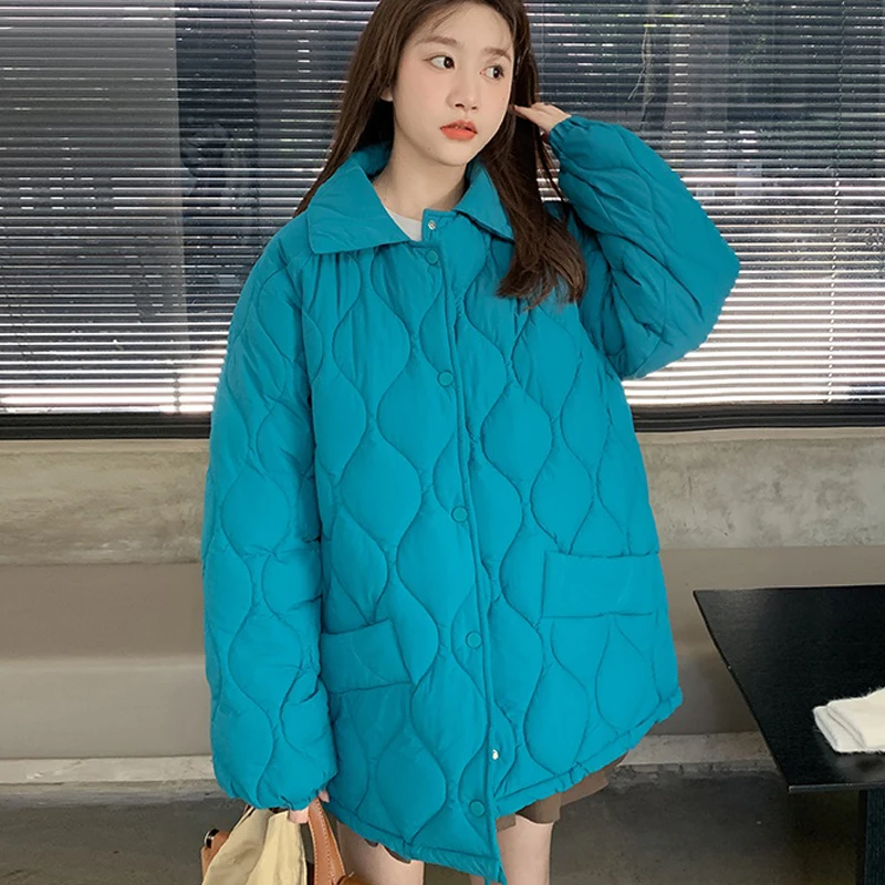 Winter Women's 2022 Down Cotton Jacket Ladies Korean Version Loose Spring and Autumn New Long Sleeve Rhombus Wave Warm Parka