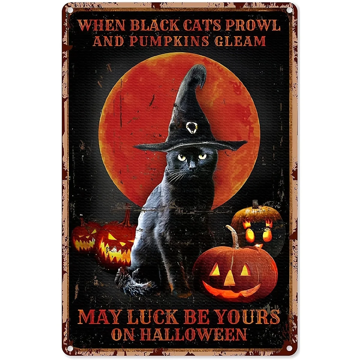 Хэллоуин Черный кот когда черные кошки Prowl и тыквы Стандартная панель знаки люди пещера Декор кафе рисунок на железной поверхности в стиле ретро 12x8in