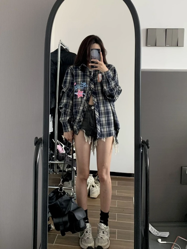 Женская винтажная клетчатая рубашка с длинным рукавом и вышивкой Y2k