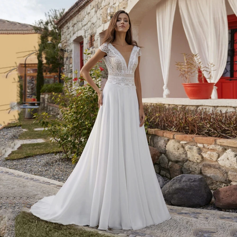

2023 Bohemian Wedding Dresses Sexy Cap Sleeve V Neck Lace A Line Bridal Gown Custom Backless Vestido De Noiva Formal Beach Party