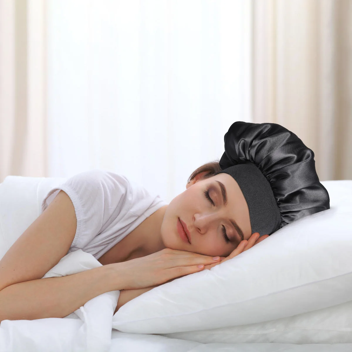 Black Wide Side Sleeping Cap for Women - High Resilience Lined Hair Bonnet for Sleep