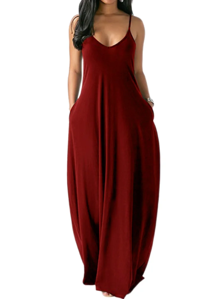 Винтажное женское платье с u-образным вырезом на тонких бретелях Mixi карманами