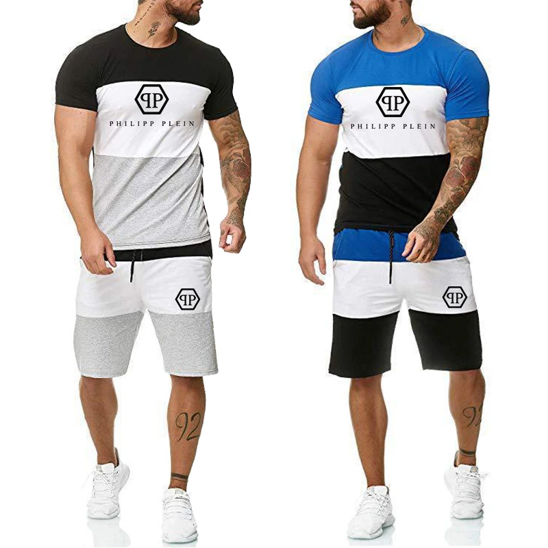 

Men's Fashion Bodybuilding Striped Tracksuits Summer Casual Cool Short Sleeve Print Sports Streetwear Graphic T-shirt Shorts Set