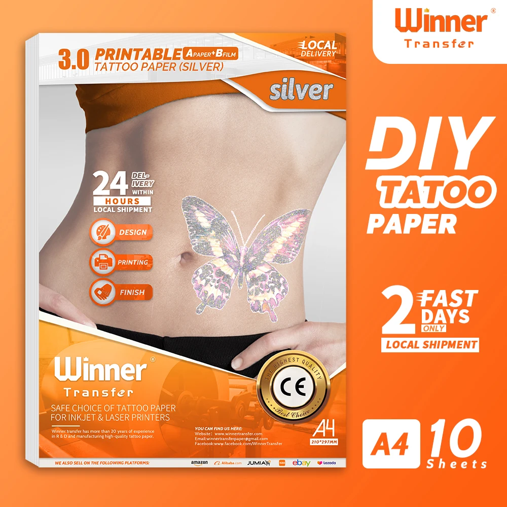 WinnerTransfer Silver Tattoo Transfer Paper Printable DIY Temporary Tattoos for Inkjet&Laser Printer A4 Tattoo Printing Paper