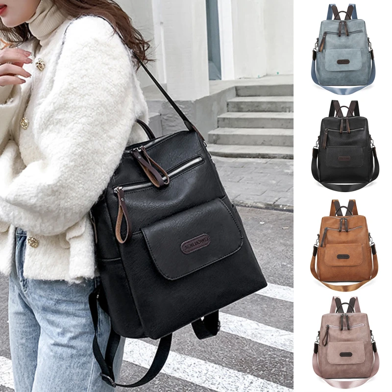 

New PU Leather Backpack High Quality Women Single Shoulder Bag Large Capacity Simple Travel Commuter Bagpack Student Schoolbag